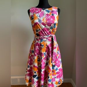 Carole Little sleeveless floral fit and flare dress in pink shades